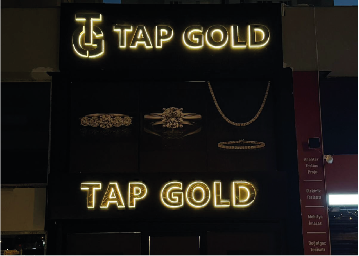 Tap Gold – Paslanmaz Aydınlatmalı Kutu Harf Tabela ve Cephe Giydirme